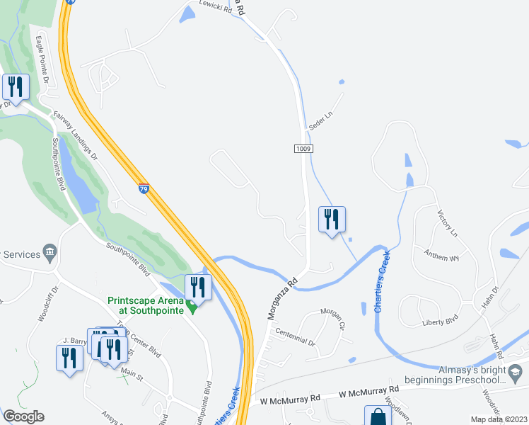 map of restaurants, bars, coffee shops, grocery stores, and more near 234 Maple Ridge Drive in Canonsburg