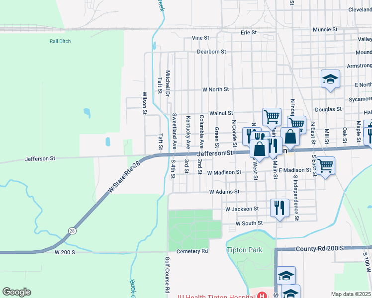 map of restaurants, bars, coffee shops, grocery stores, and more near 106 Kentucky Avenue in Tipton