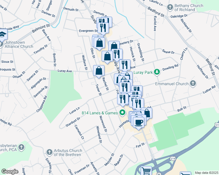 map of restaurants, bars, coffee shops, grocery stores, and more near 1000-1098 Frances St in Johnstown