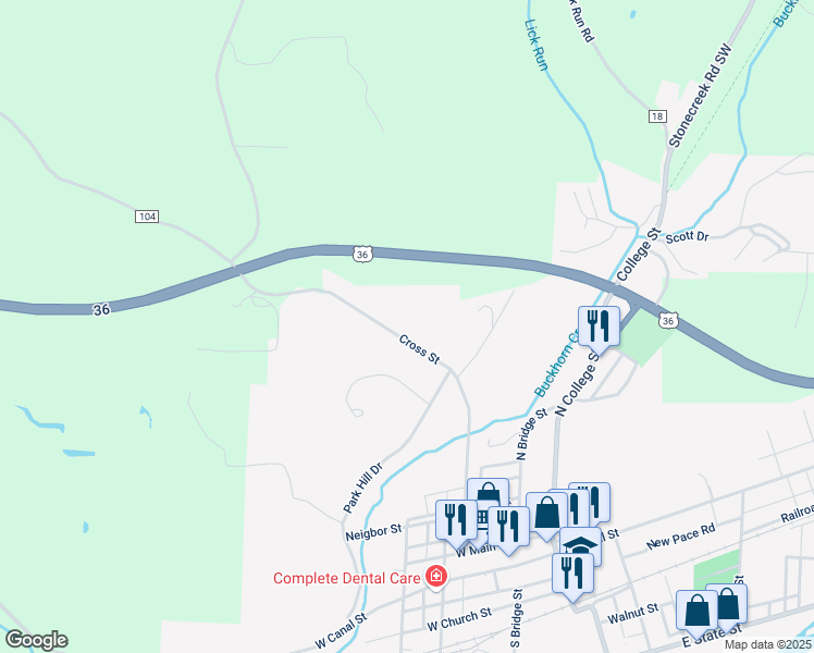 map of restaurants, bars, coffee shops, grocery stores, and more near 777 Cross St in Newcomerstown
