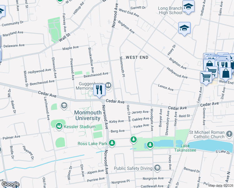 map of restaurants, bars, coffee shops, grocery stores, and more near 507 Norwood Avenue in Long Branch