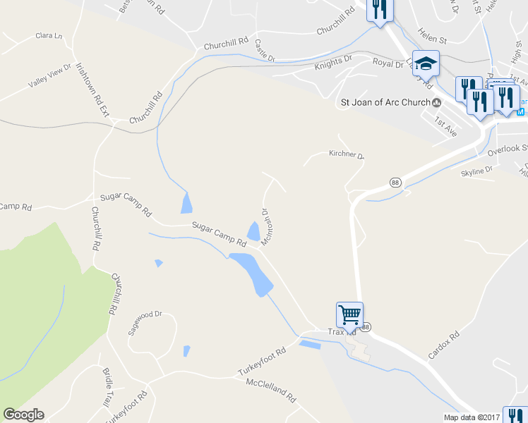 map of restaurants, bars, coffee shops, grocery stores, and more near 110 McIntosh Drive in Finleyville