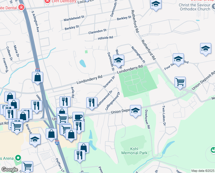 map of restaurants, bars, coffee shops, grocery stores, and more near 919 Scenery Drive in Harrisburg
