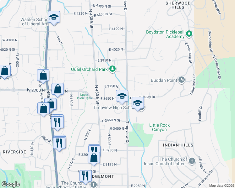 map of restaurants, bars, coffee shops, grocery stores, and more near 3678 North 550 East in Provo