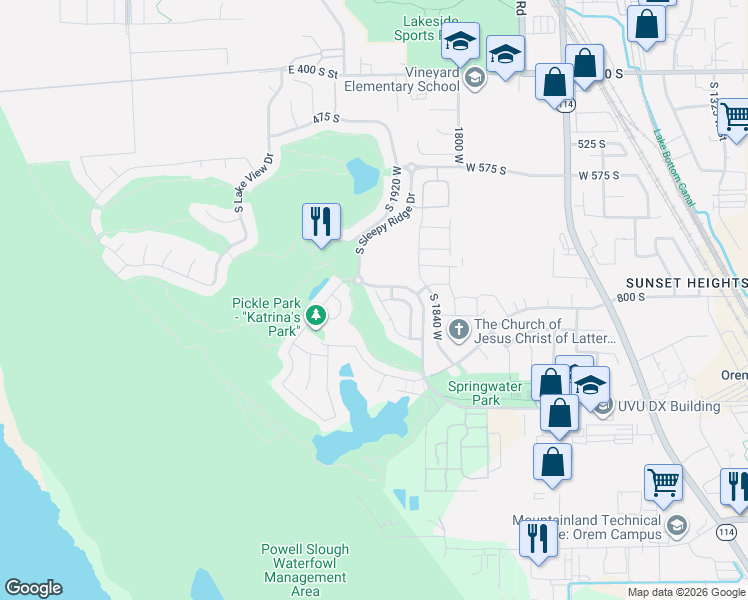 map of restaurants, bars, coffee shops, grocery stores, and more near 806 South Fox Trail Lane in Orem
