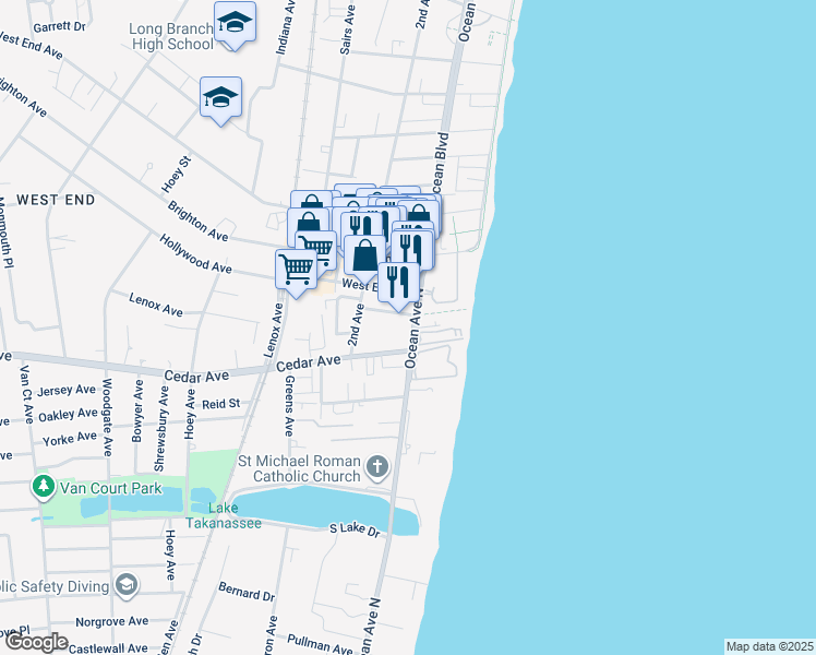 map of restaurants, bars, coffee shops, grocery stores, and more near 660 Ocean Avenue in Long Branch