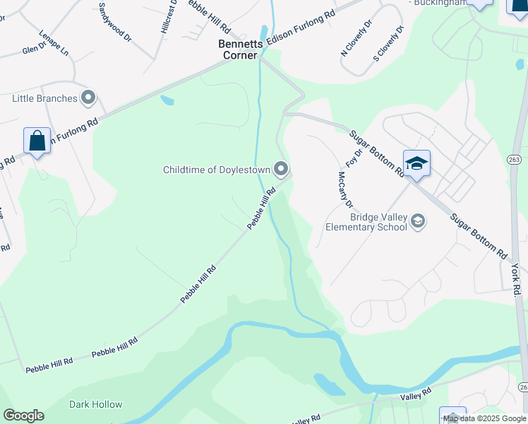 map of restaurants, bars, coffee shops, grocery stores, and more near 1265 Pebble Hill Road in Doylestown