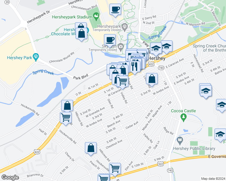 map of restaurants, bars, coffee shops, grocery stores, and more near 313 West Caracas Avenue in Hershey