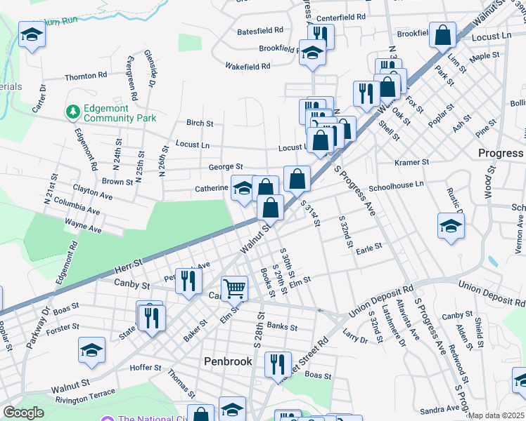 map of restaurants, bars, coffee shops, grocery stores, and more near 2900 Herr Street in Harrisburg