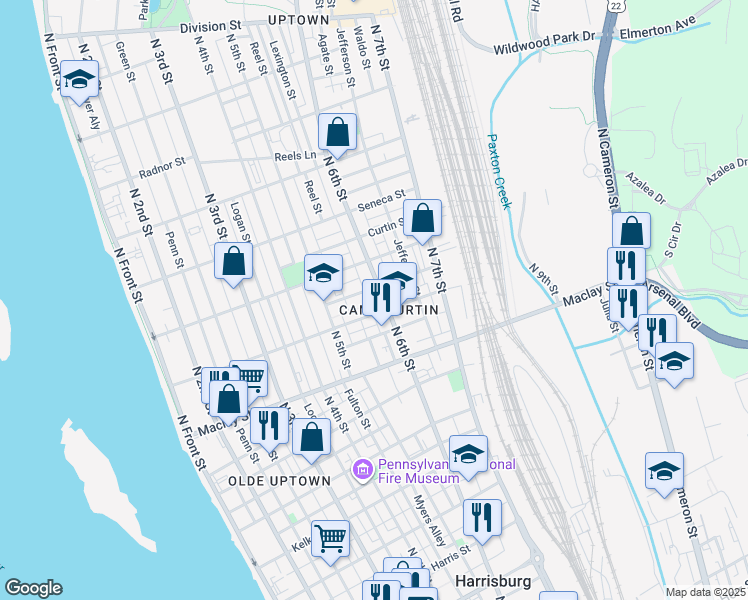 map of restaurants, bars, coffee shops, grocery stores, and more near 2212 North 6th Street in Harrisburg
