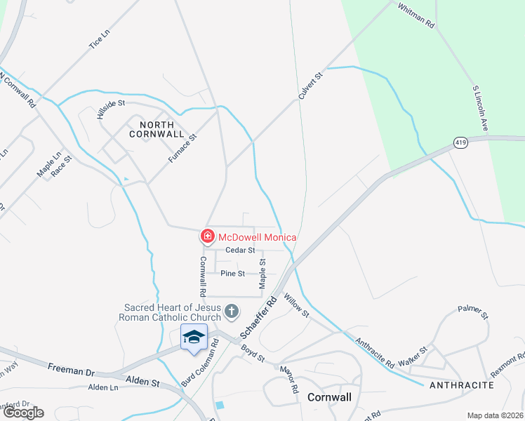 map of restaurants, bars, coffee shops, grocery stores, and more near 13 Oak Street in Cornwall