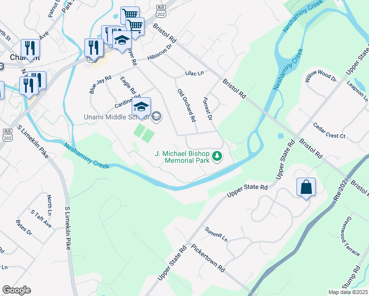 map of restaurants, bars, coffee shops, grocery stores, and more near 300 Lenape Lane in Chalfont