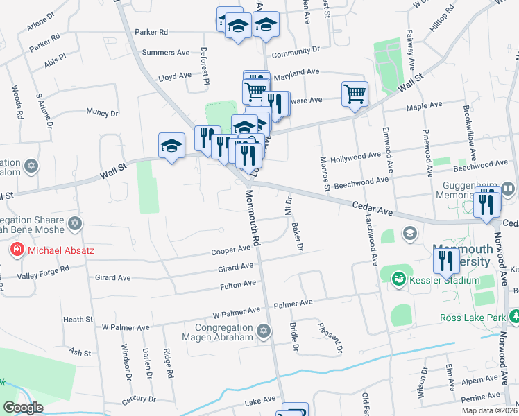 map of restaurants, bars, coffee shops, grocery stores, and more near 3 Woolley Place in West Long Branch