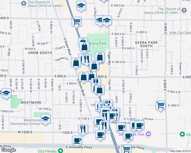 map of restaurants, bars, coffee shops, grocery stores, and more near 800 State Street in Orem