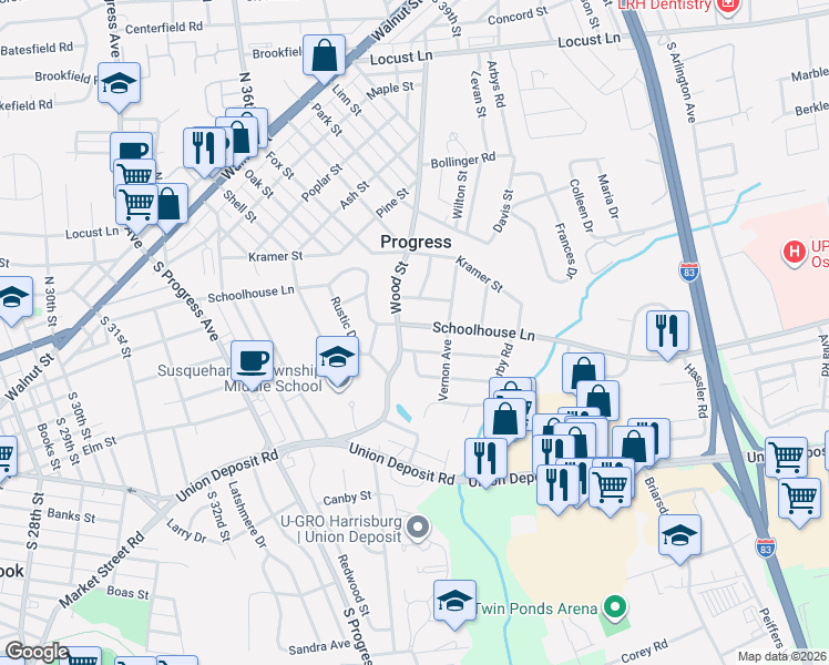 map of restaurants, bars, coffee shops, grocery stores, and more near 3603 Schoolhouse Ln in Harrisburg