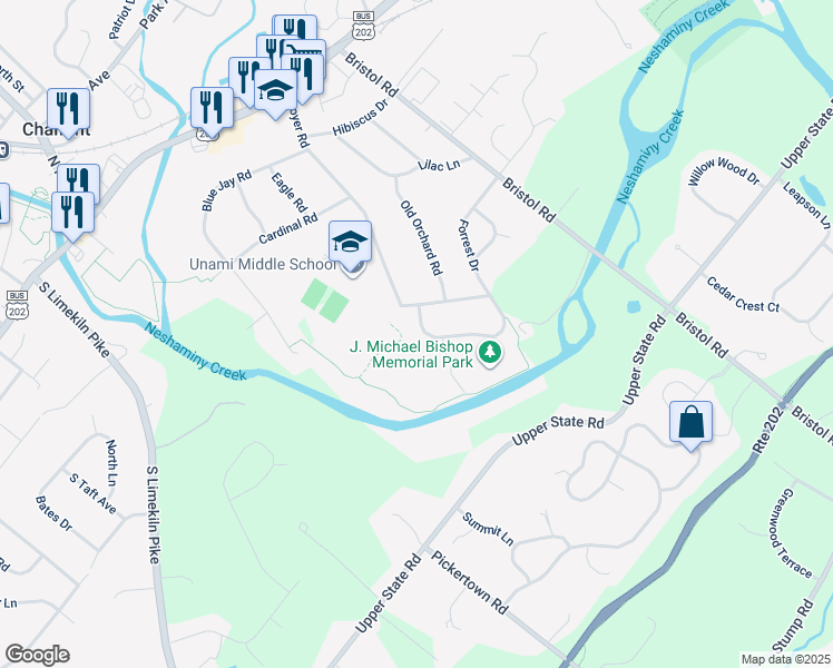 map of restaurants, bars, coffee shops, grocery stores, and more near 300 Lenape Lane in Chalfont