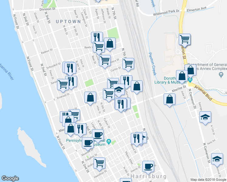 map of restaurants, bars, coffee shops, grocery stores, and more near 2212 North 6th Street in Harrisburg