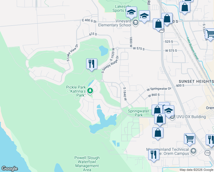 map of restaurants, bars, coffee shops, grocery stores, and more near 806 South Fox Trail Lane in Orem