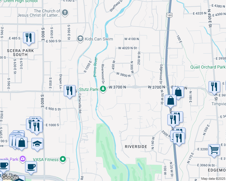 map of restaurants, bars, coffee shops, grocery stores, and more near 461 West 3700 North in Provo