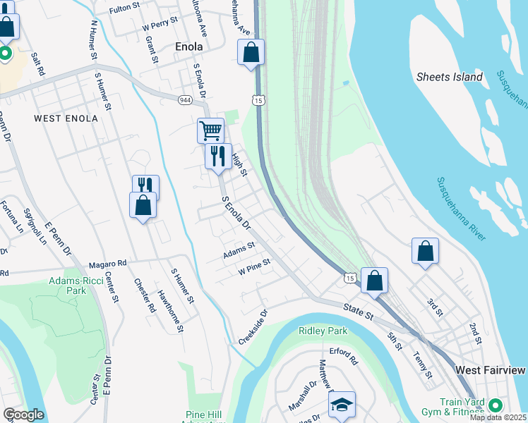 map of restaurants, bars, coffee shops, grocery stores, and more near High Street in Enola
