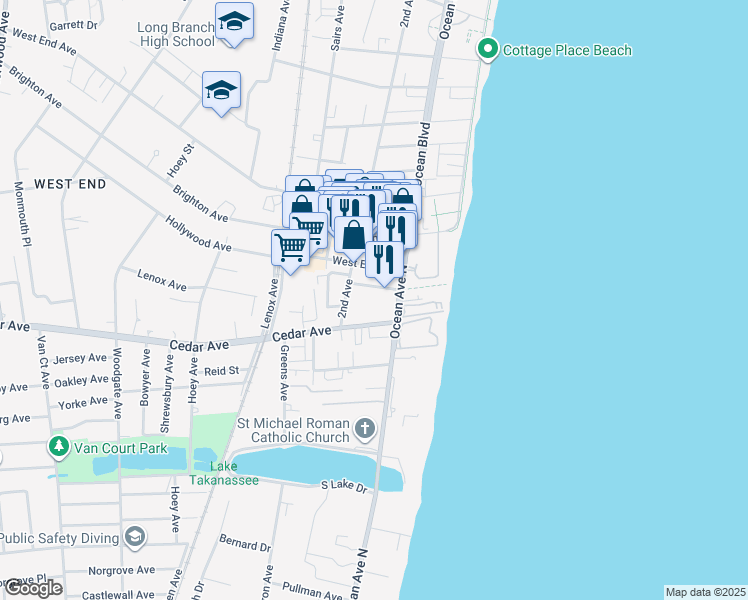 map of restaurants, bars, coffee shops, grocery stores, and more near 31 Cedar Avenue in Long Branch