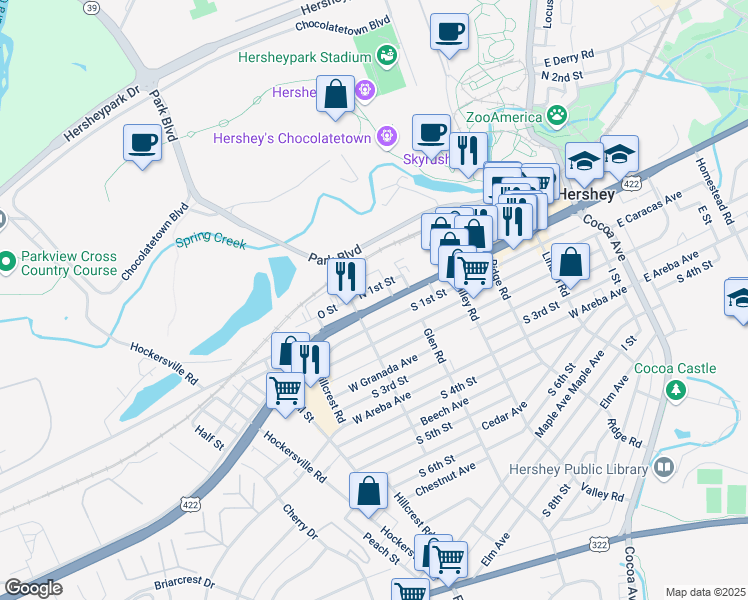 map of restaurants, bars, coffee shops, grocery stores, and more near 411 U.S. 422 in Hershey