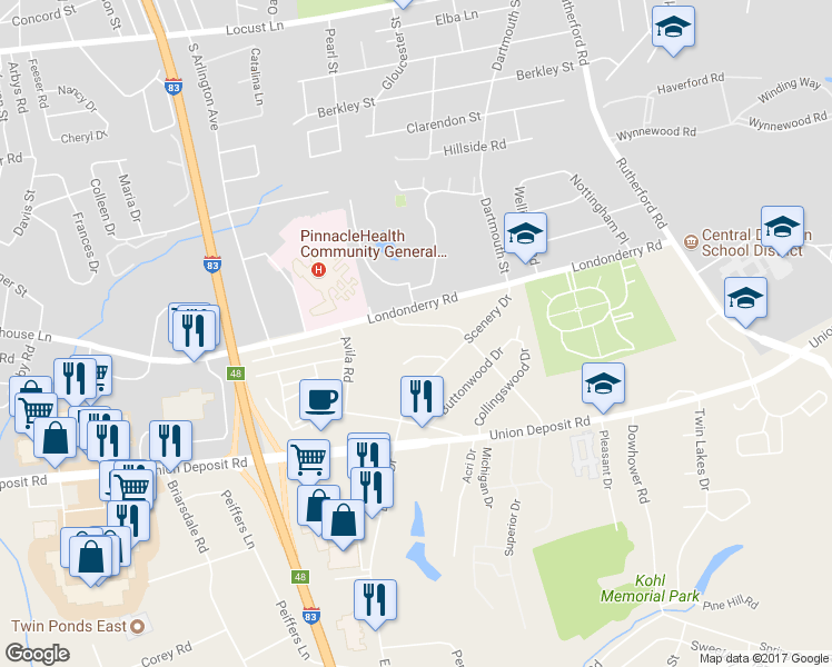 map of restaurants, bars, coffee shops, grocery stores, and more near 909 Lakewood Drive in Harrisburg