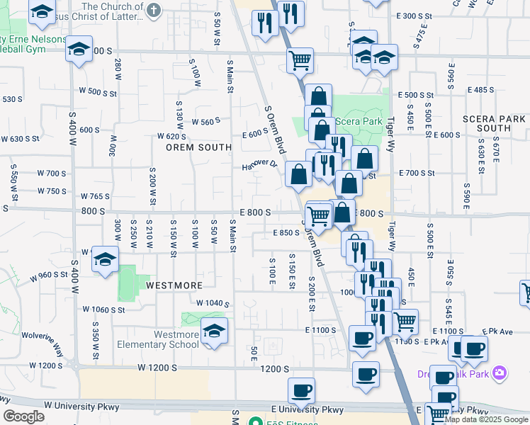 map of restaurants, bars, coffee shops, grocery stores, and more near 787 South 75 East Street in Orem