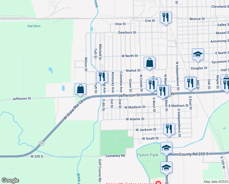 map of restaurants, bars, coffee shops, grocery stores, and more near 106 Kentucky Avenue in Tipton