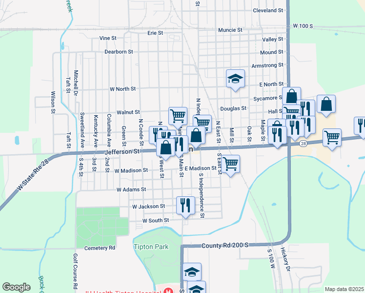 map of restaurants, bars, coffee shops, grocery stores, and more near in Tipton