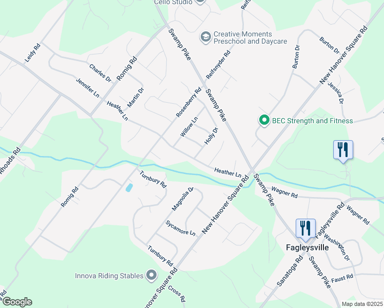 map of restaurants, bars, coffee shops, grocery stores, and more near 2374 Holly Drive in Gilbertsville