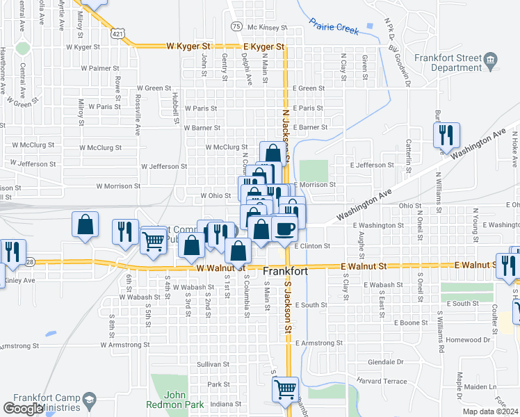 map of restaurants, bars, coffee shops, grocery stores, and more near 260 North Main Street in Frankfort