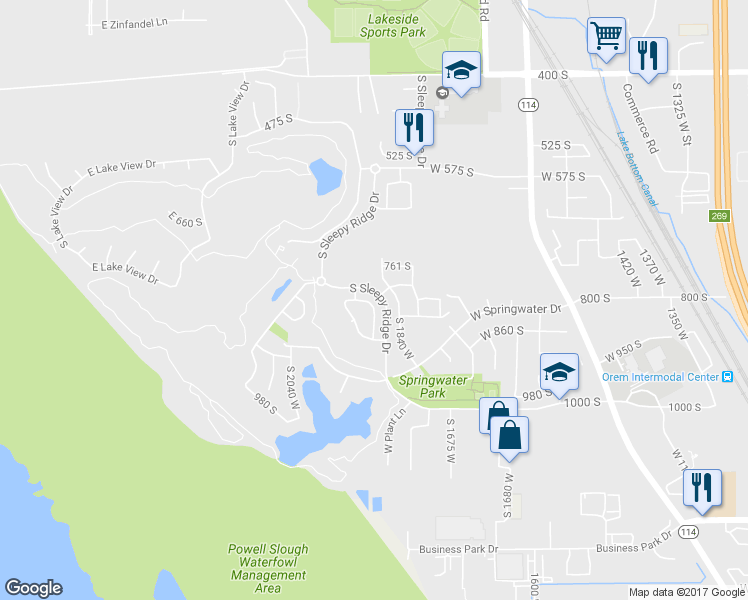 map of restaurants, bars, coffee shops, grocery stores, and more near 825 South Pheasant Run in Orem
