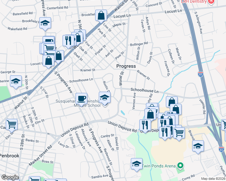 map of restaurants, bars, coffee shops, grocery stores, and more near 607 Sylvan Place in Harrisburg