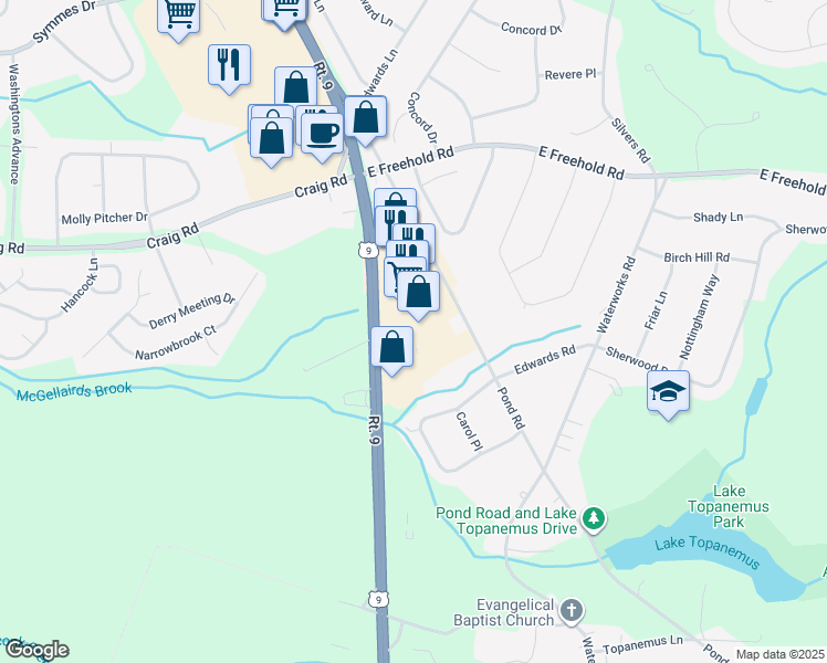 map of restaurants, bars, coffee shops, grocery stores, and more near 4339 U.S. 9 in Freehold
