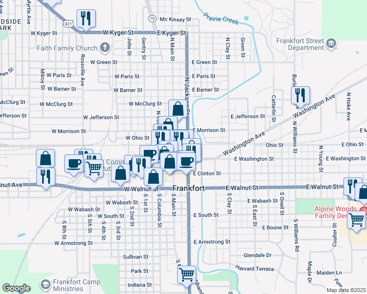 map of restaurants, bars, coffee shops, grocery stores, and more near 258 North Jackson Street in Frankfort