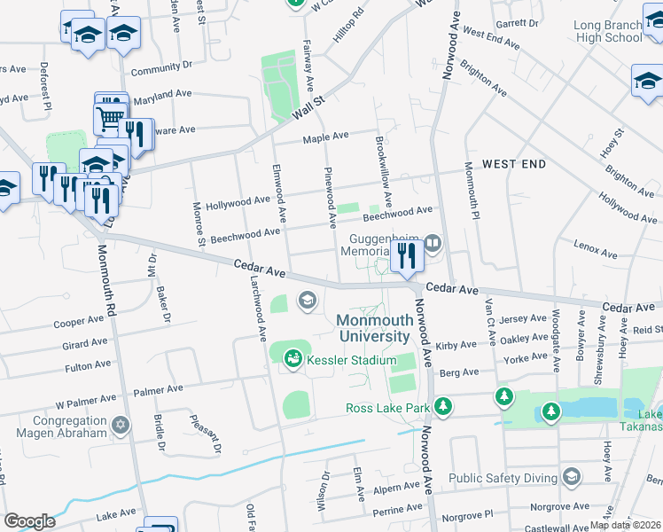 map of restaurants, bars, coffee shops, grocery stores, and more near 80 Pinewood Avenue in West Long Branch