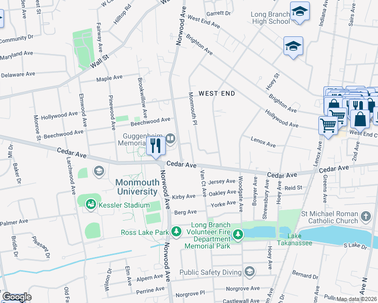 map of restaurants, bars, coffee shops, grocery stores, and more near 512 Marvin Drive in Long Branch