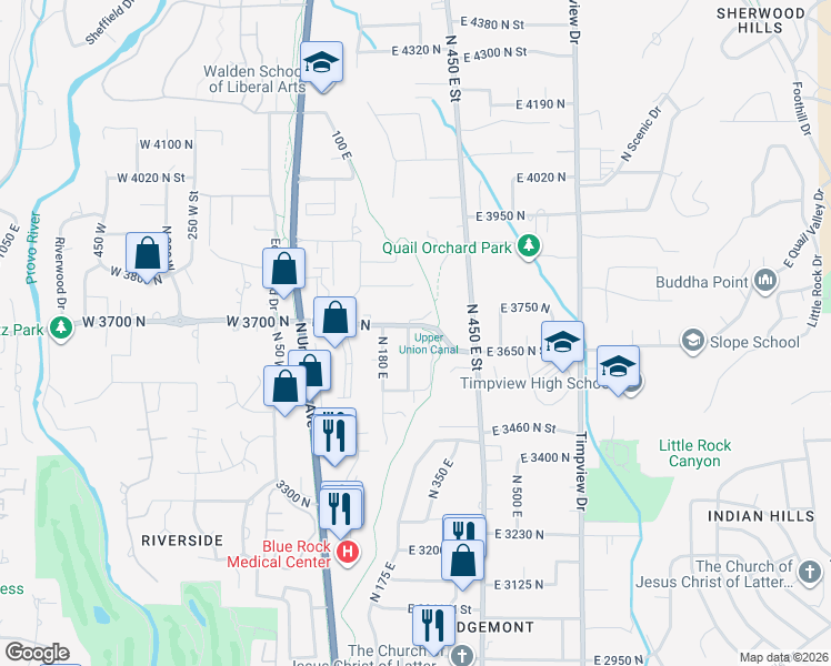 map of restaurants, bars, coffee shops, grocery stores, and more near 3682 North 230 East Street in Provo