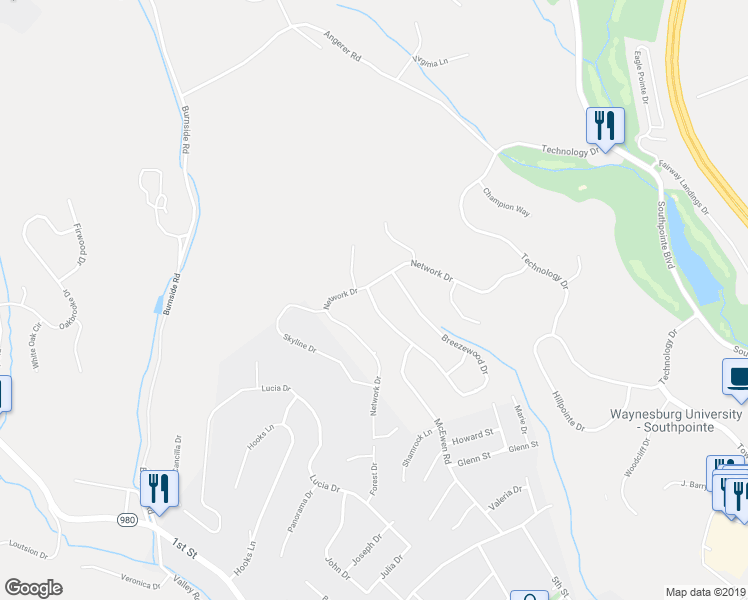 map of restaurants, bars, coffee shops, grocery stores, and more near 905 Breezewood Drive in Canonsburg