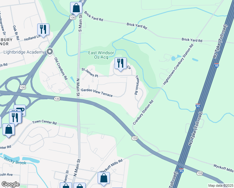 map of restaurants, bars, coffee shops, grocery stores, and more near 47 Garden View Terrace in East Windsor