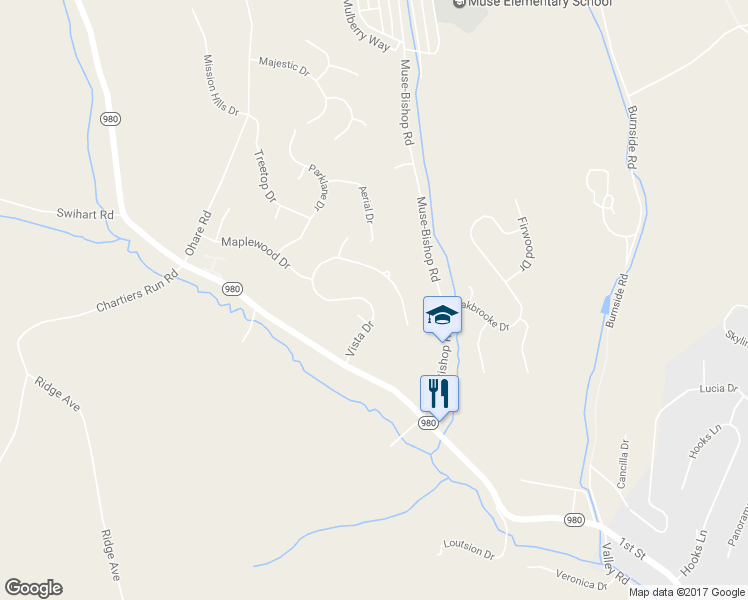 map of restaurants, bars, coffee shops, grocery stores, and more near 118 Vista Drive in Canonsburg