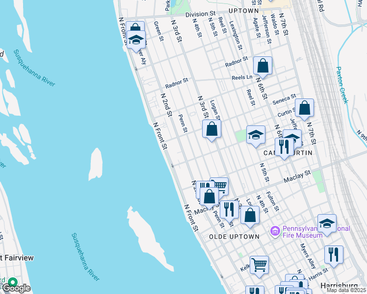 map of restaurants, bars, coffee shops, grocery stores, and more near 2327 North 2nd Street in Harrisburg