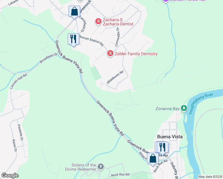 map of restaurants, bars, coffee shops, grocery stores, and more near 310 Middlesex Road in McKeesport