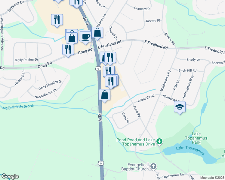 map of restaurants, bars, coffee shops, grocery stores, and more near 110 Schanck Road in Freehold