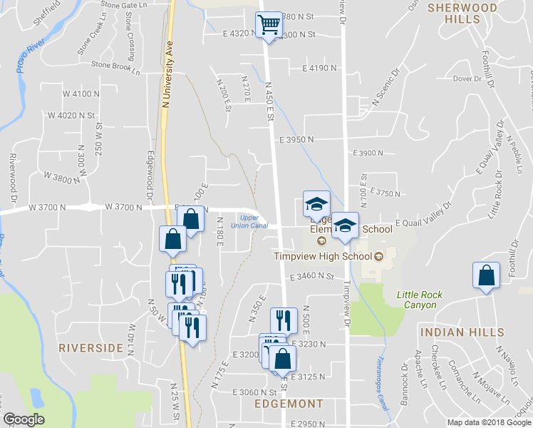 map of restaurants, bars, coffee shops, grocery stores, and more near 3707 North Canyon Road in Provo
