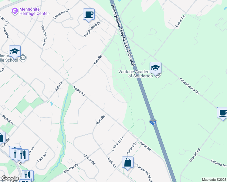 map of restaurants, bars, coffee shops, grocery stores, and more near 227 Sumner Court in Harleysville