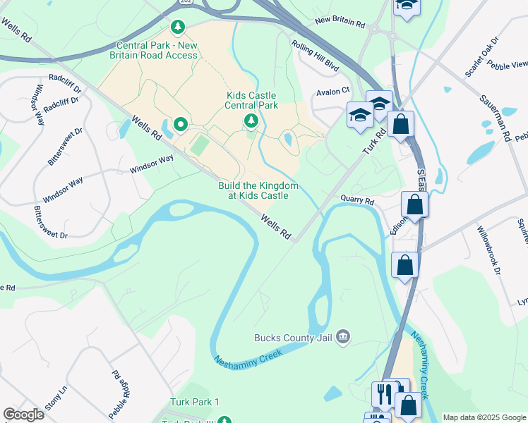 map of restaurants, bars, coffee shops, grocery stores, and more near 427 Wells Road in Doylestown