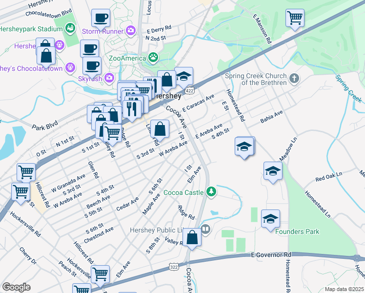 map of restaurants, bars, coffee shops, grocery stores, and more near 314 I Street in Hershey