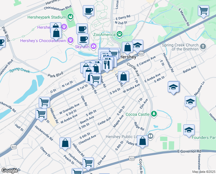 map of restaurants, bars, coffee shops, grocery stores, and more near 145 West Granada Avenue in Hershey